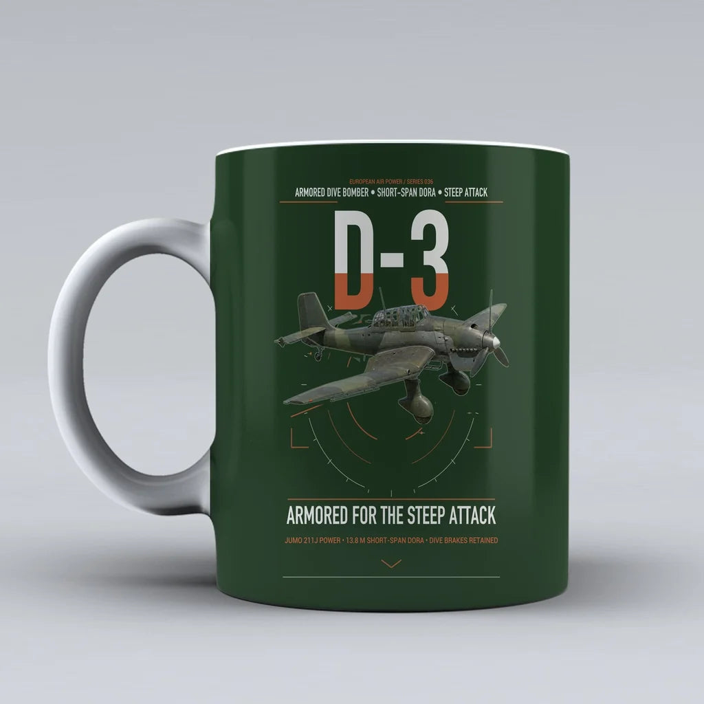 Junkers Ju 87D-3 design on dark green ceramic mug, double-side print