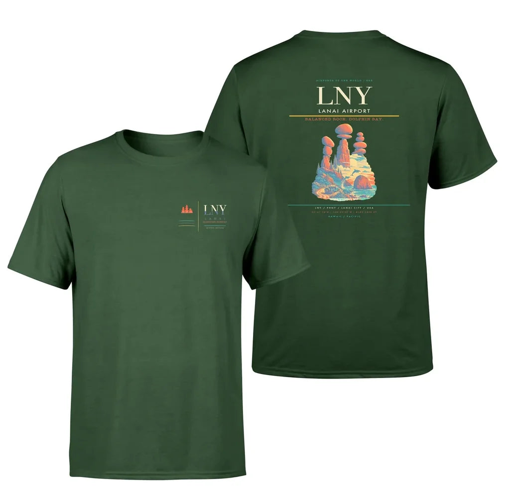 Lanai Airport (LNY) design printed on dark green double-side t-shirt