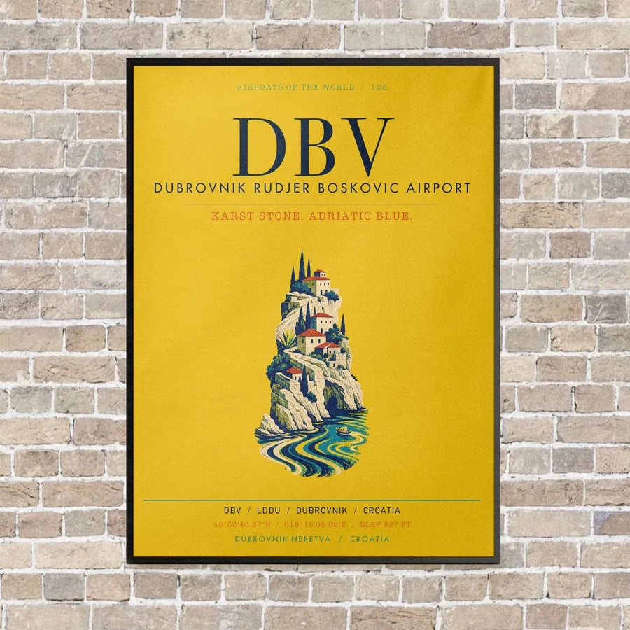 Dubrovnik Ruđer Bošković Airport DBV vertical canvas print - framed - yellow background