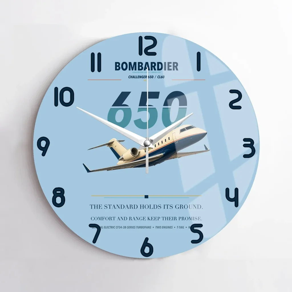Bombardier Challenger 650 design on light blue no frame wall clock
