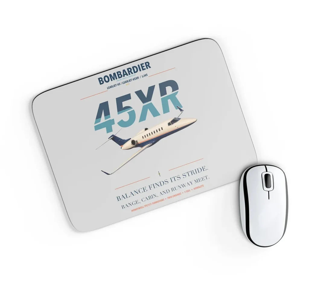 Bombardier Learjet 45XR design on light gray rectangle mouse pad