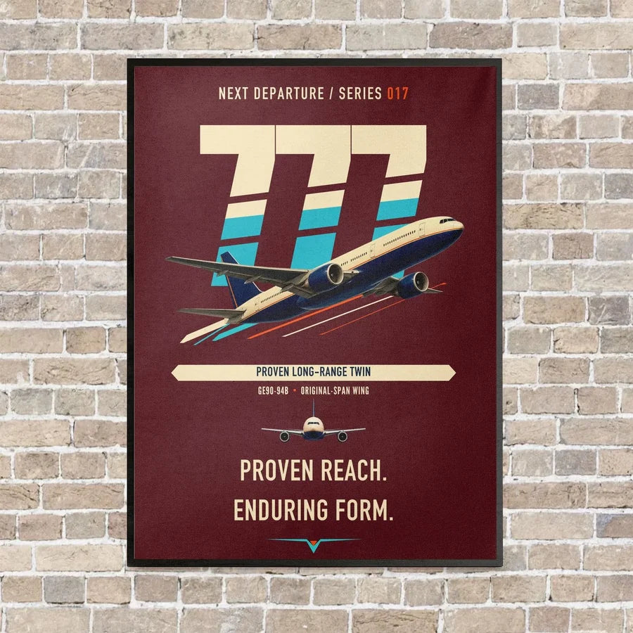 Boeing 777-200ER vertical canvas print - framed - dark red background