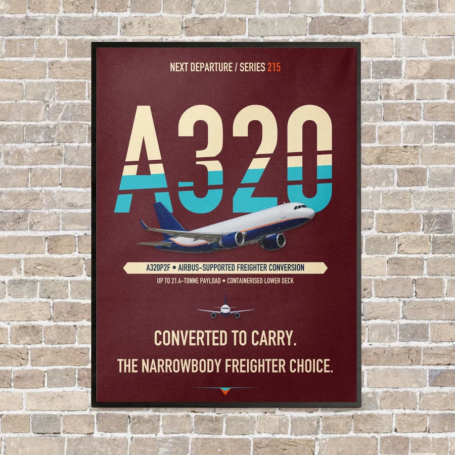 Airbus A320P2F vertical canvas print - framed - dark red background