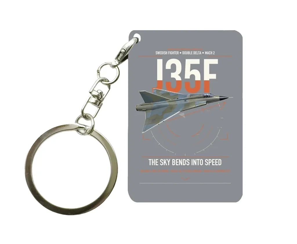Saab J 35F Draken design on gray designed key chain, double-side print
