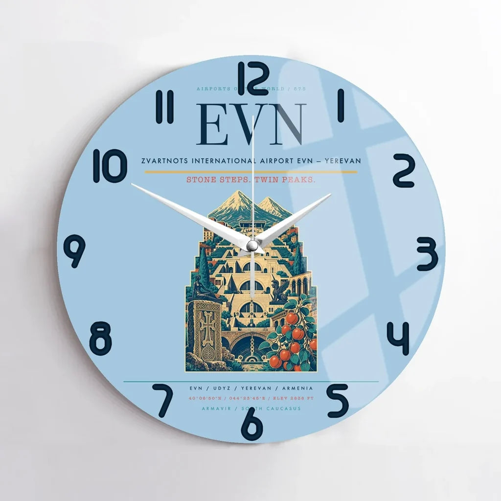 Zvartnots International Airport (EVN) design on light blue no frame wall clock