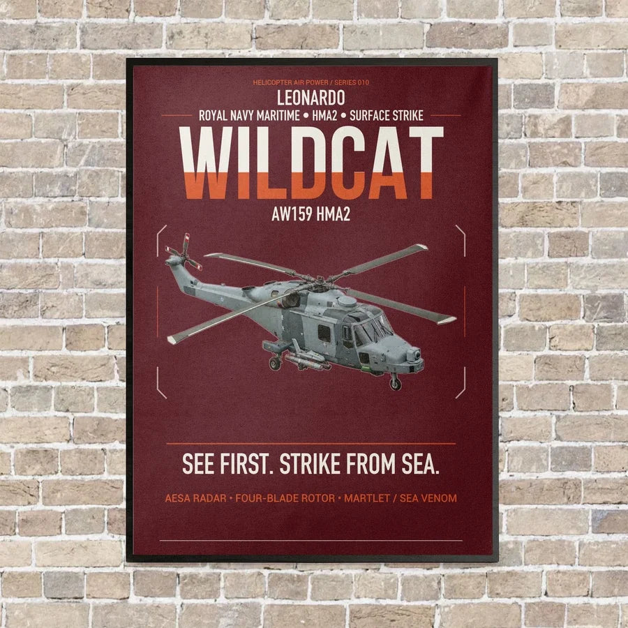 Leonardo AW159 Wildcat HMA2 vertical canvas print - framed - dark red background