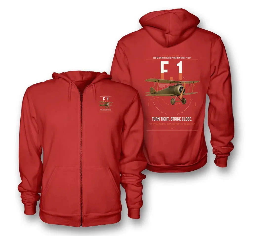 Sopwith Camel F.1 design on red premium zipped hoodie, double-side print