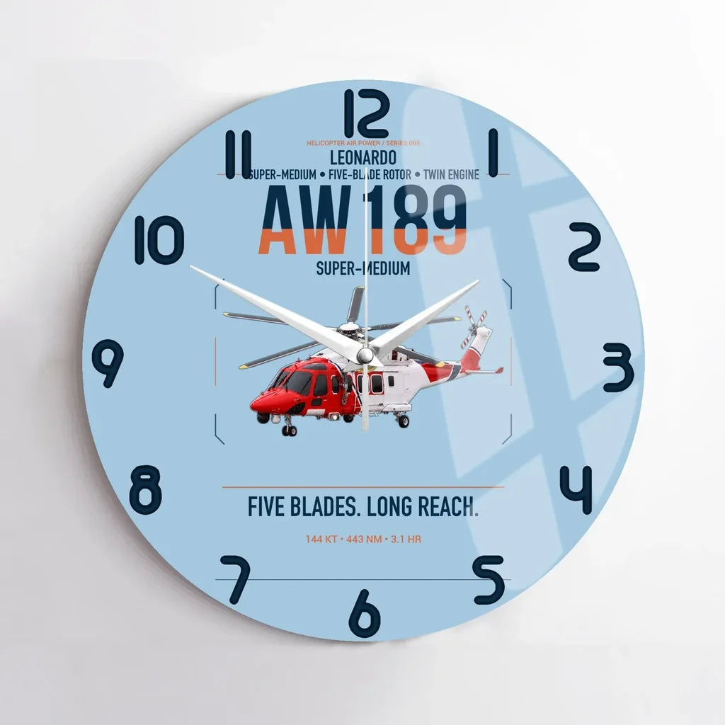 Leonardo AW189 design on light blue no frame wall clock