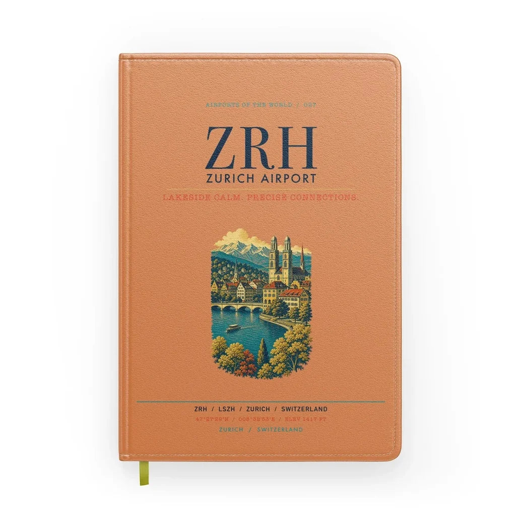 Zurich Airport (ZRH) design on orange notebook