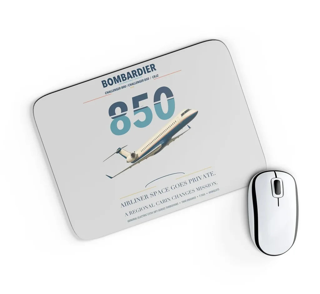 Bombardier Challenger 850 design on light gray rectangle mouse pad