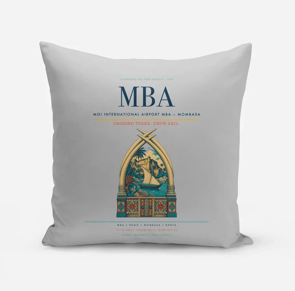 Moi International Airport (MBA) design on light gray pillow