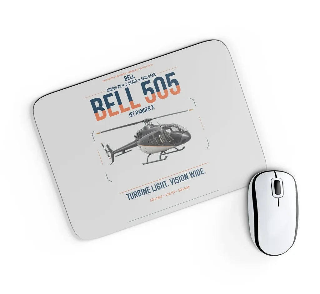 Bell 505 Jet Ranger X design on light gray rectangle mouse pad