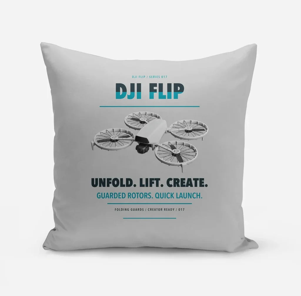 DJI Flip design on light gray pillow