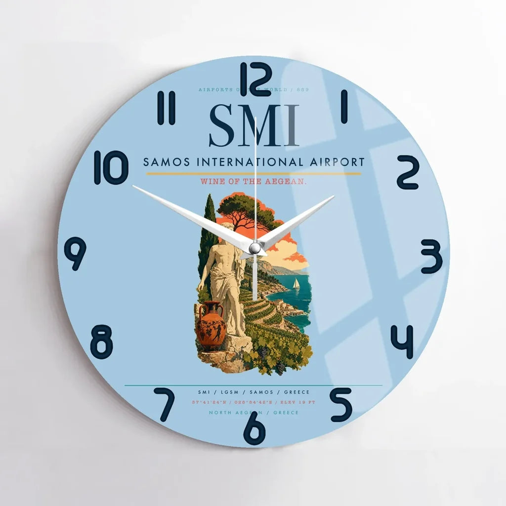 Samos International Airport (SMI) design on light blue no frame wall clock