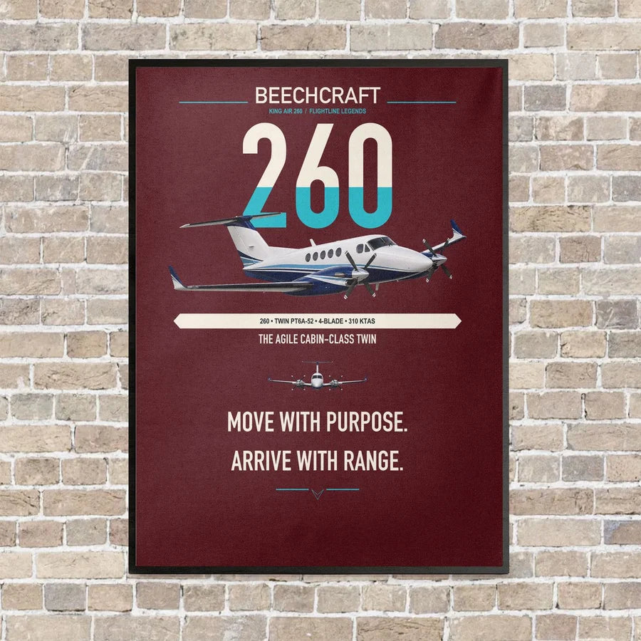 Beechcraft King Air 260 vertical canvas print - framed - dark red background