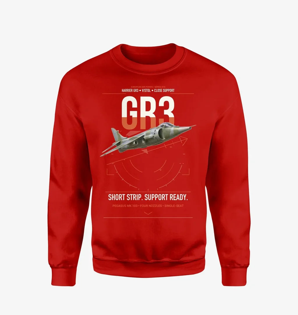 Hawker Siddeley Harrier GR3 design on red sweatshirt