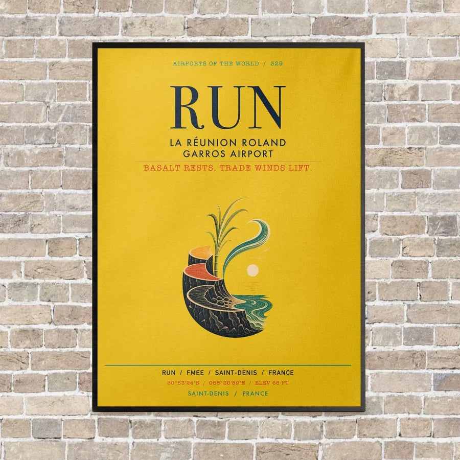 La Réunion Roland Garros Airport RUN vertical canvas print - framed - yellow background