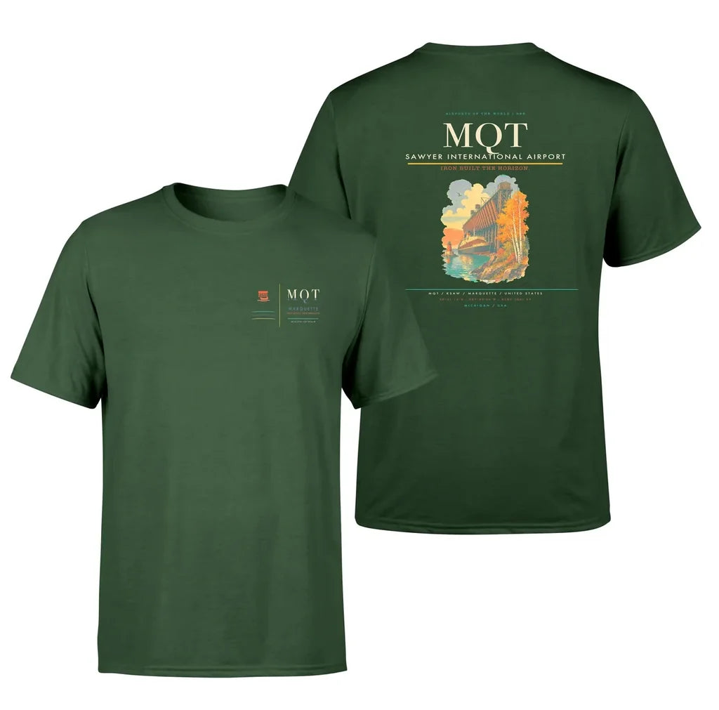 Sawyer International Airport (MQT) design printed on dark green double-side t-shirt