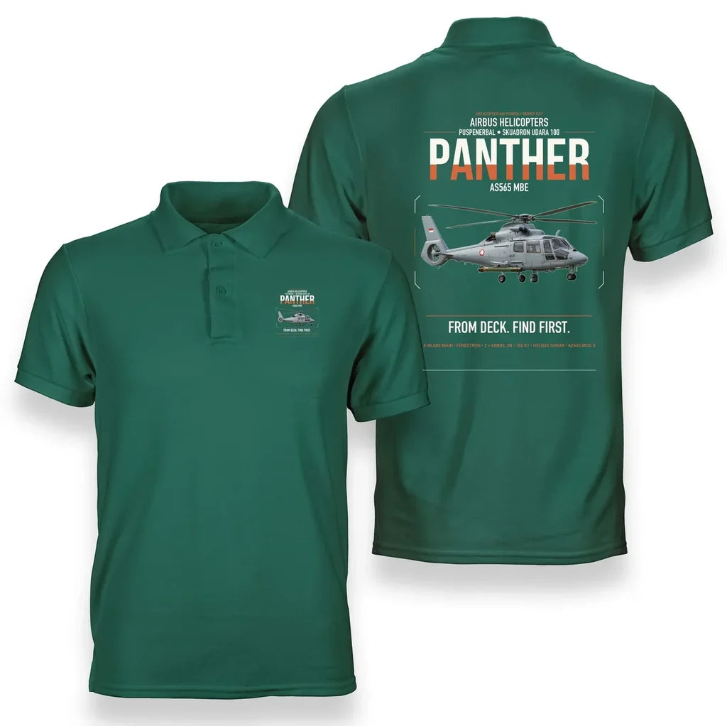 Airbus Helicopters AS565 MBe Panther design on green double-side polo t-shirt, double-side print