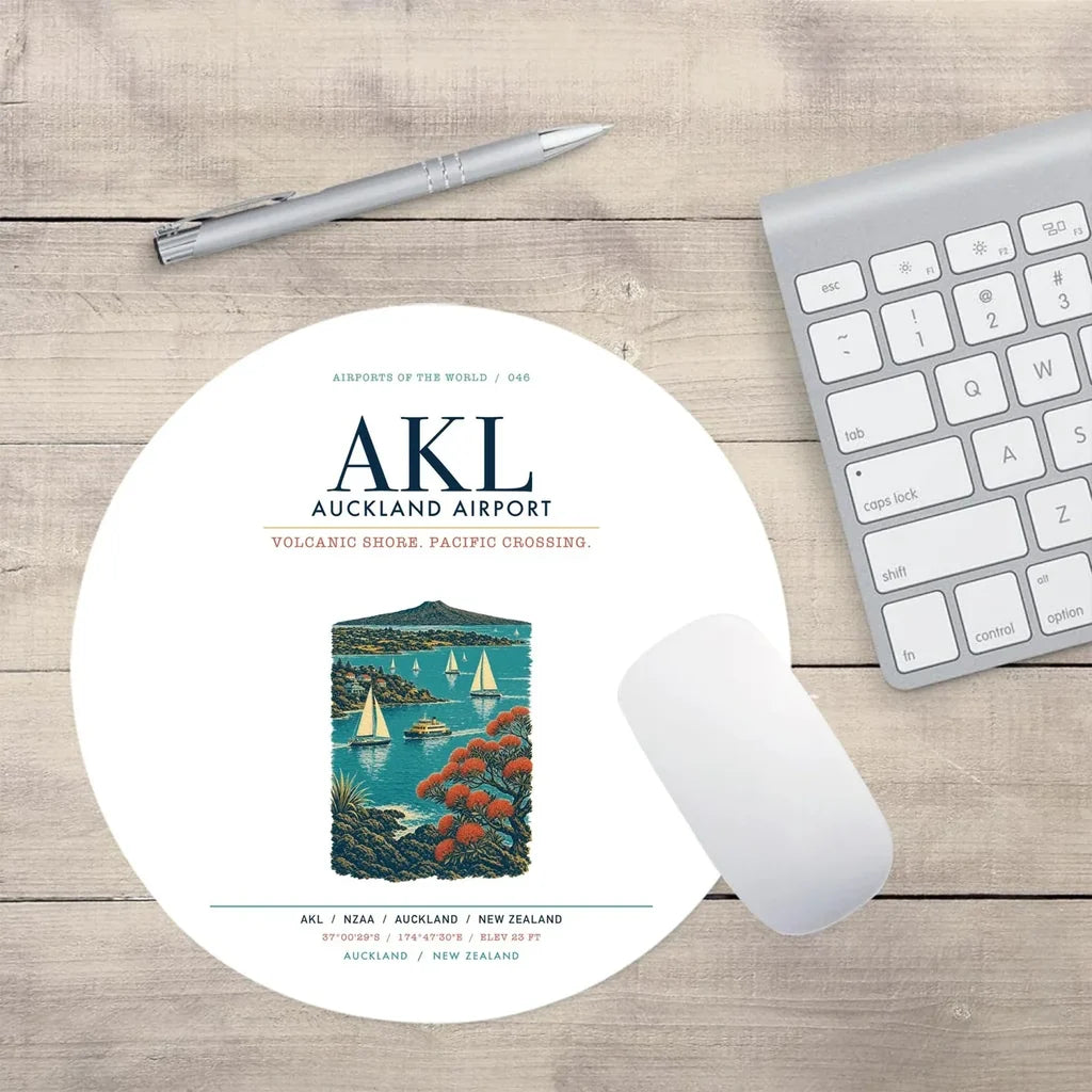Auckland Airport (AKL) design on white round mouse pad