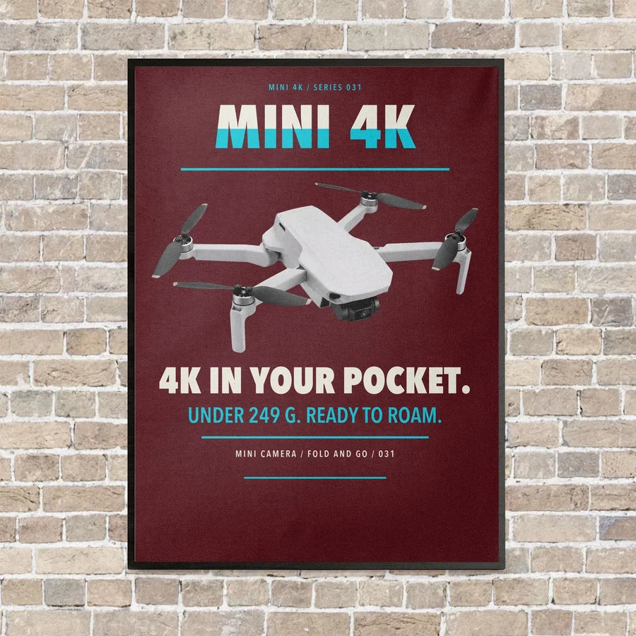 DJI Mini 4K vertical canvas print - framed - dark red background