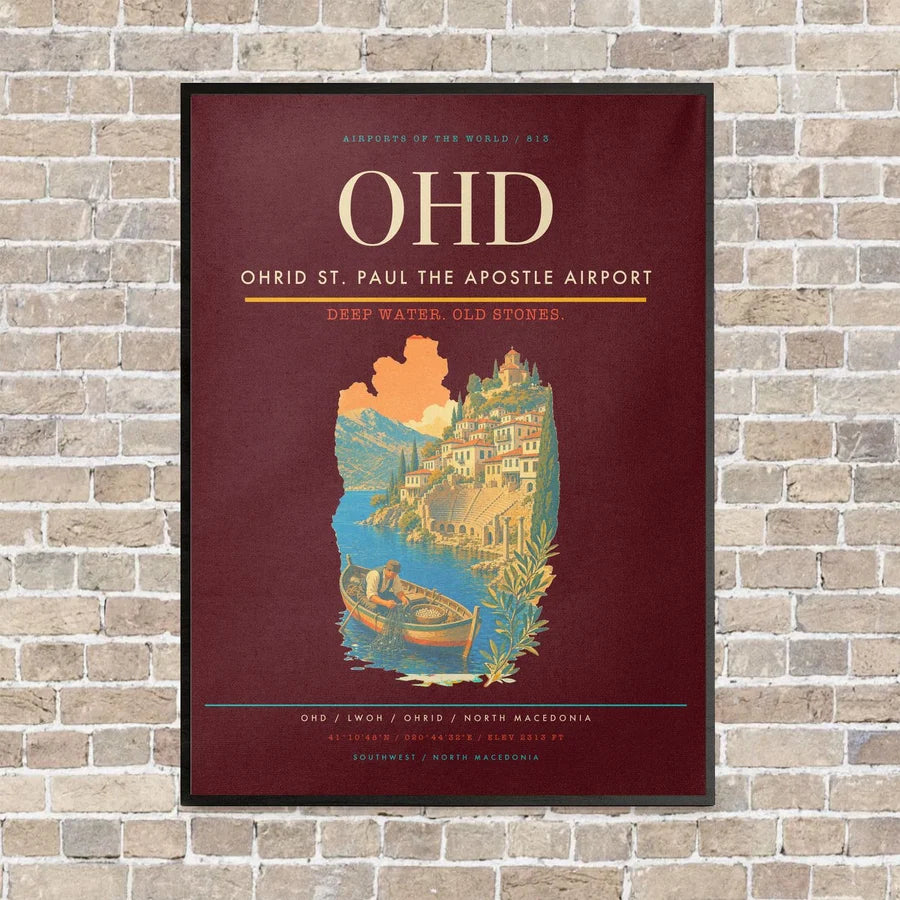 Ohrid St. Paul the Apostle Airport OHD vertical canvas print - framed - dark red background