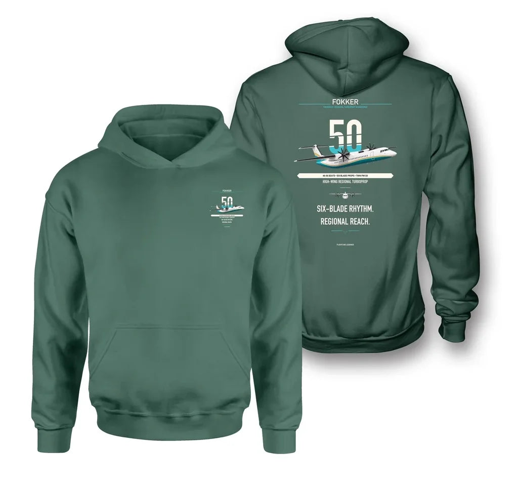 Fokker 50 design on green double-side hoodie, double-side print