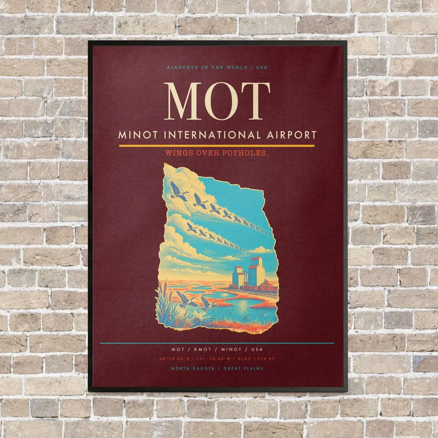 Minot International Airport MOT vertical canvas print - framed - dark red background