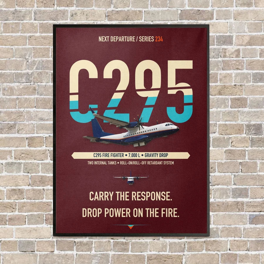 Airbus C295 Firefighter vertical canvas print - framed - dark red background