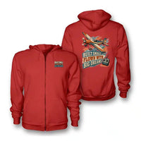 Thumbnail for SIGNAL 567 - Built Small Flown With Big Dreams - Zipped Hoodie design on red zipped hoodie