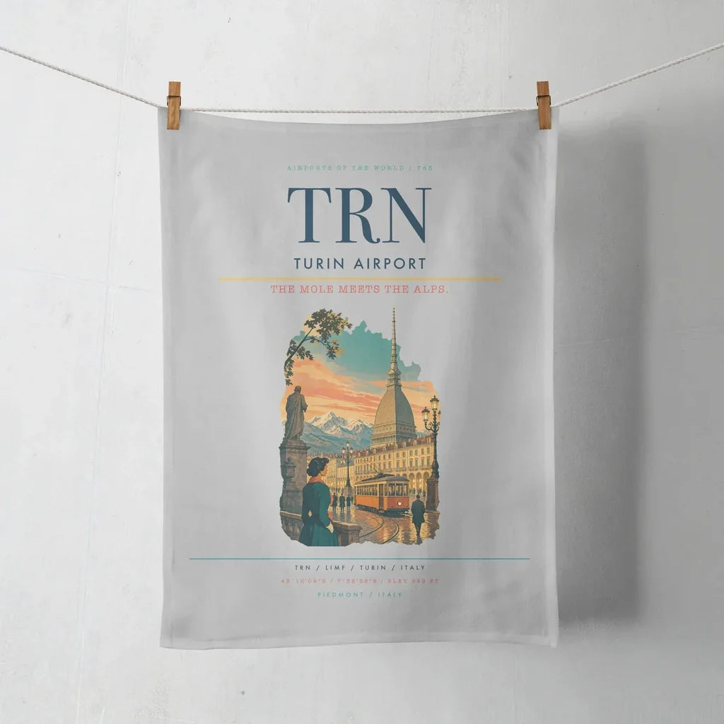 Turin Airport (TRN) design on light gray towel