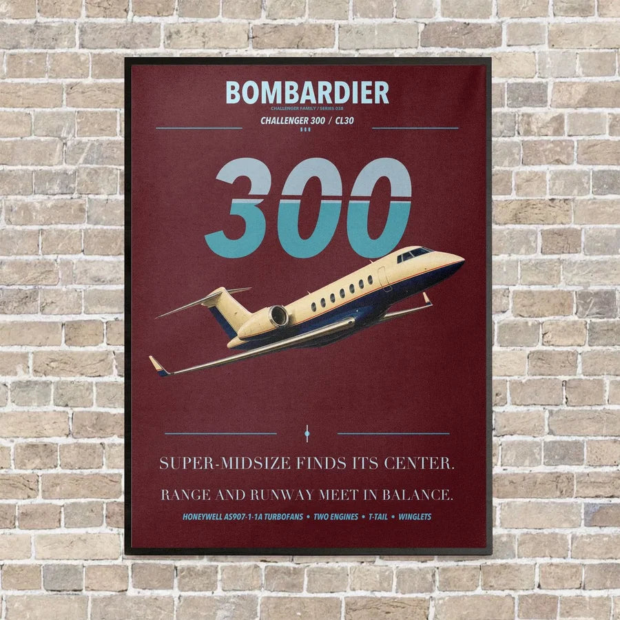Bombardier Challenger 300 vertical canvas print - framed - dark red background