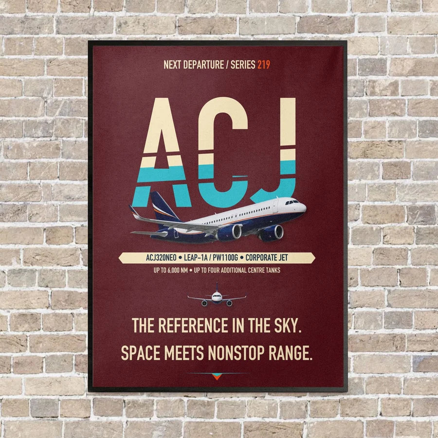 Airbus ACJ320neo vertical canvas print - framed - dark red background