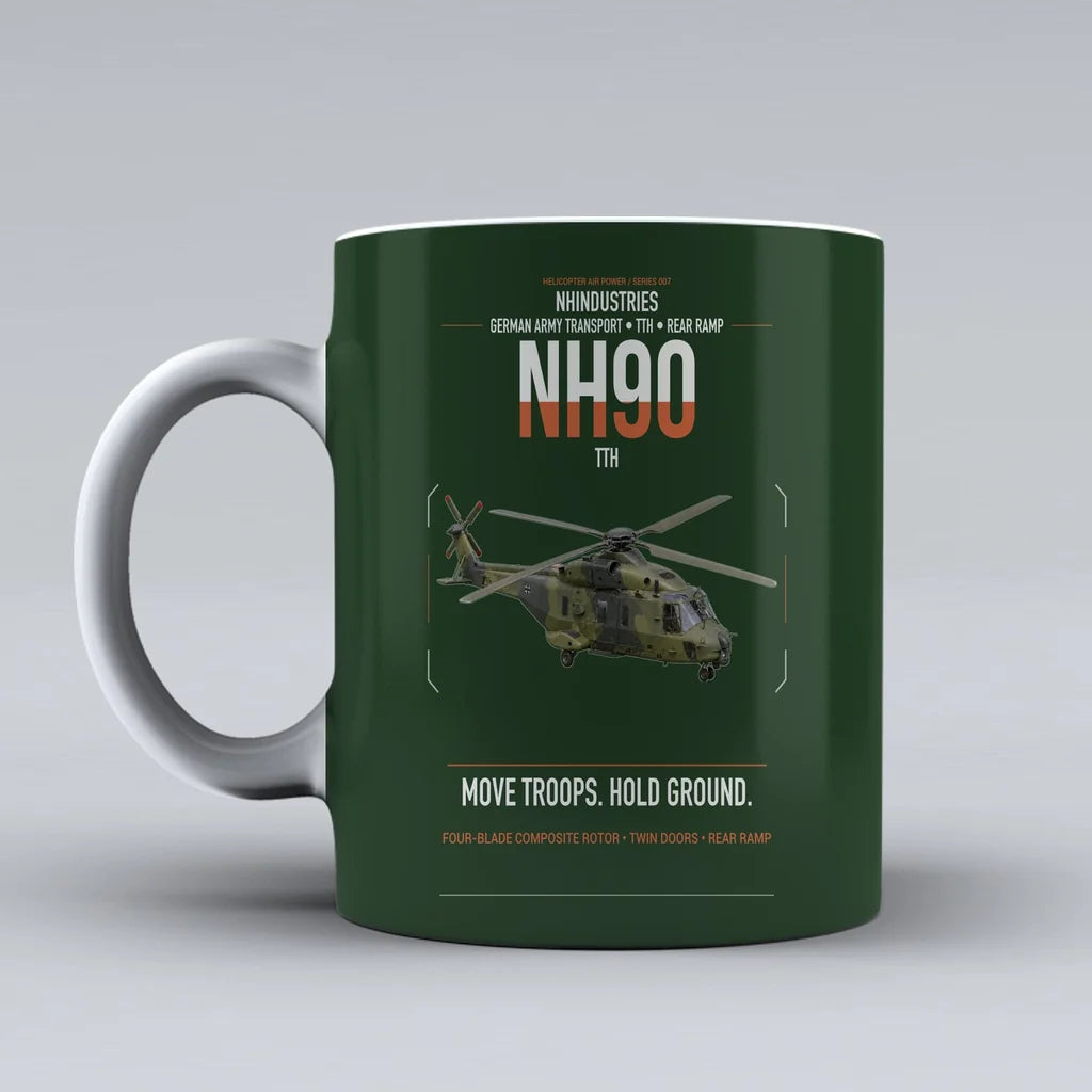 NHIndustries NH90 TTH design on dark green ceramic mug, double-side print