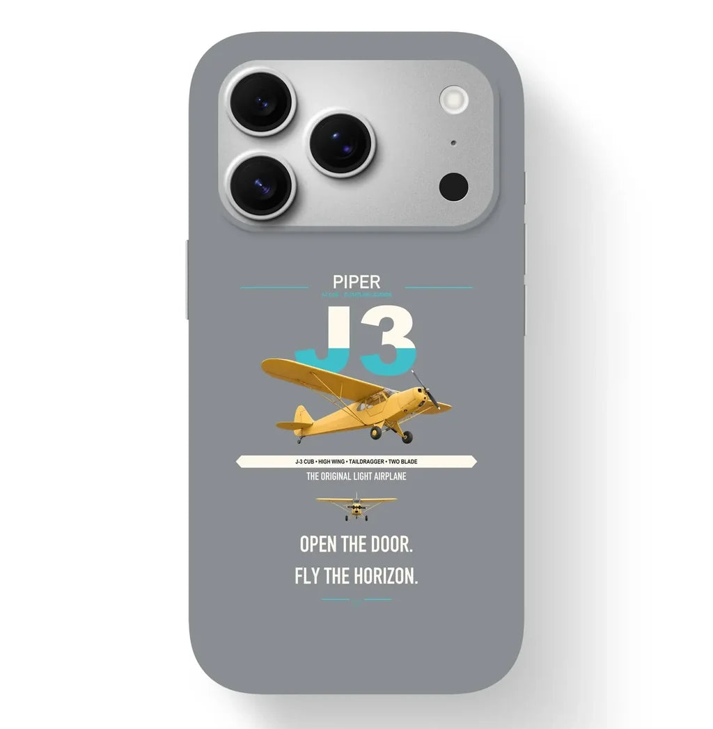 Piper J-3 Cub design on gray magsafe iphone case, for iPhone 17 Pro