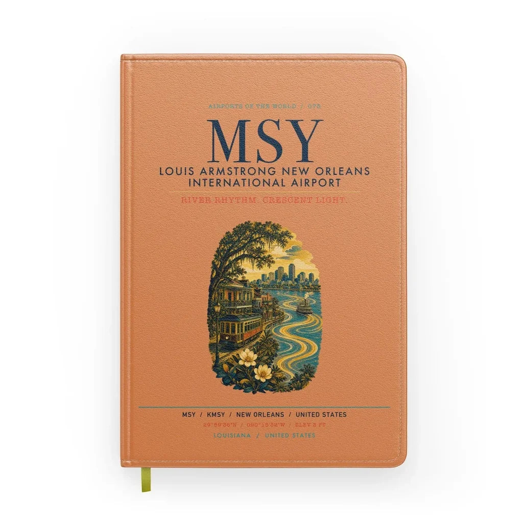 Louis Armstrong New Orleans International Airport (MSY) design on orange notebook