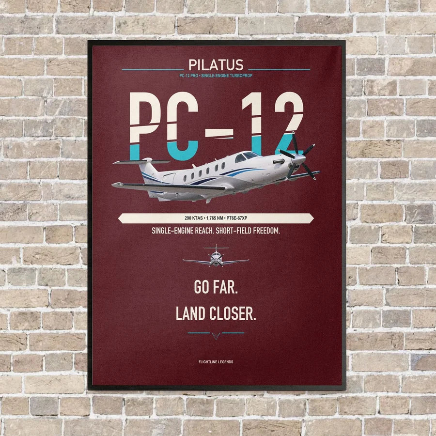 Pilatus PC-12 PRO vertical canvas print - framed - dark red background