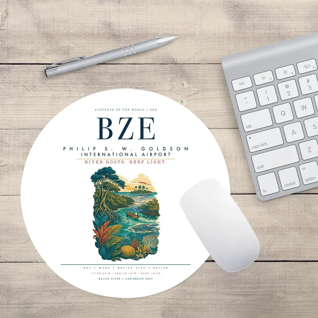 Philip S. W. Goldson International Airport (BZE) design on white round mouse pad
