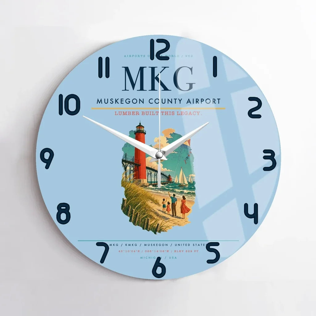 Muskegon County Airport (MKG) design on light blue no frame wall clock