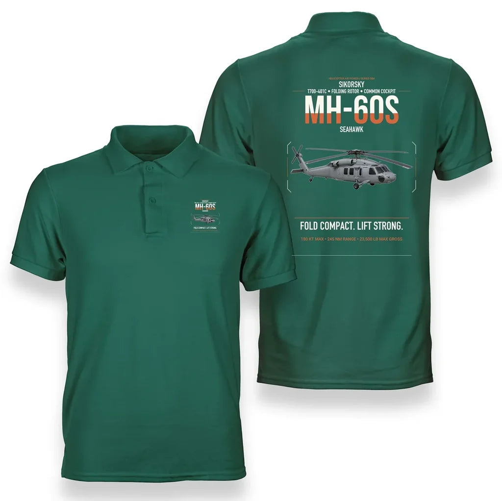 Sikorsky MH-60S Seahawk design on green double-side polo t-shirt, double-side print