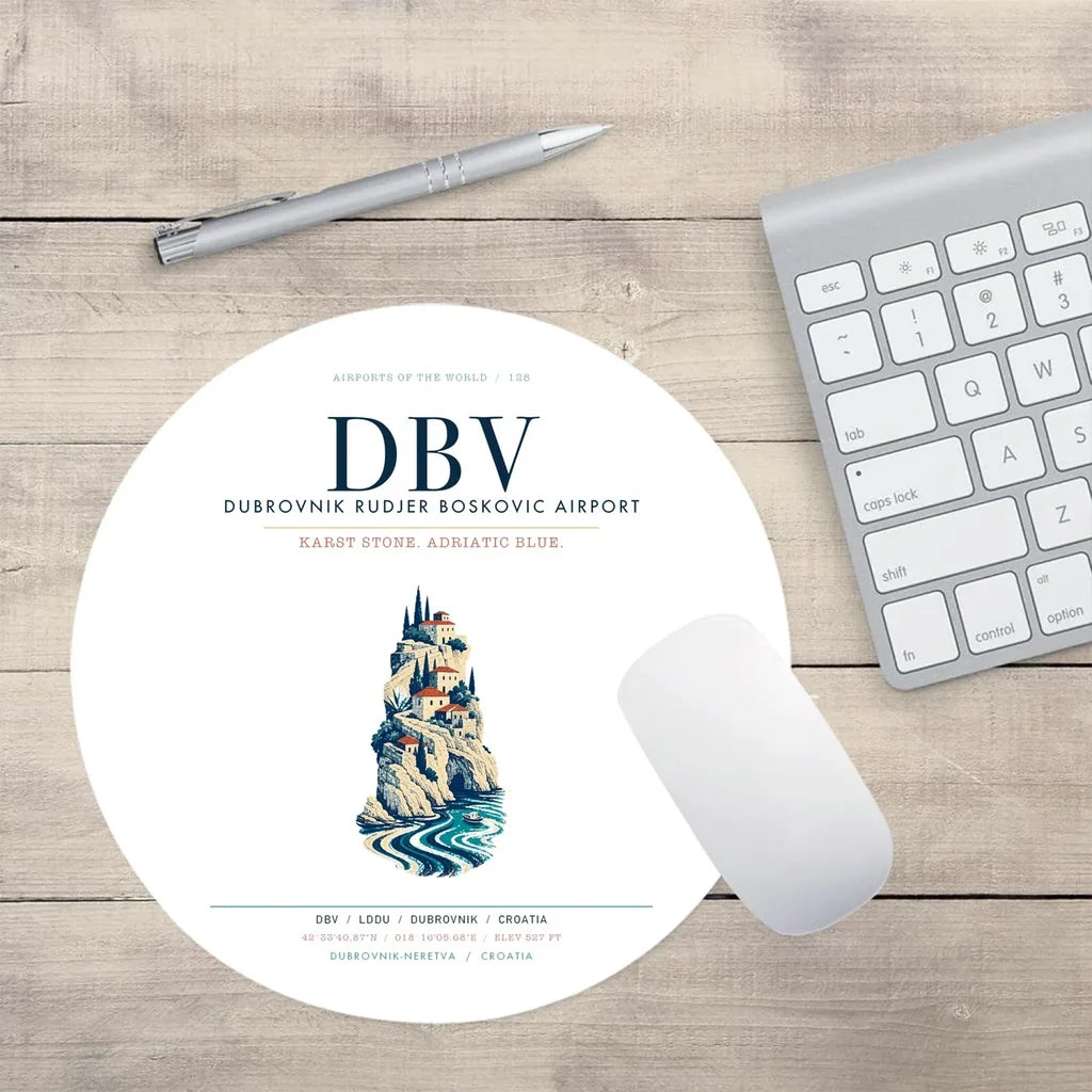 Dubrovnik Ruđer Bošković Airport (DBV) design on white round mouse pad
