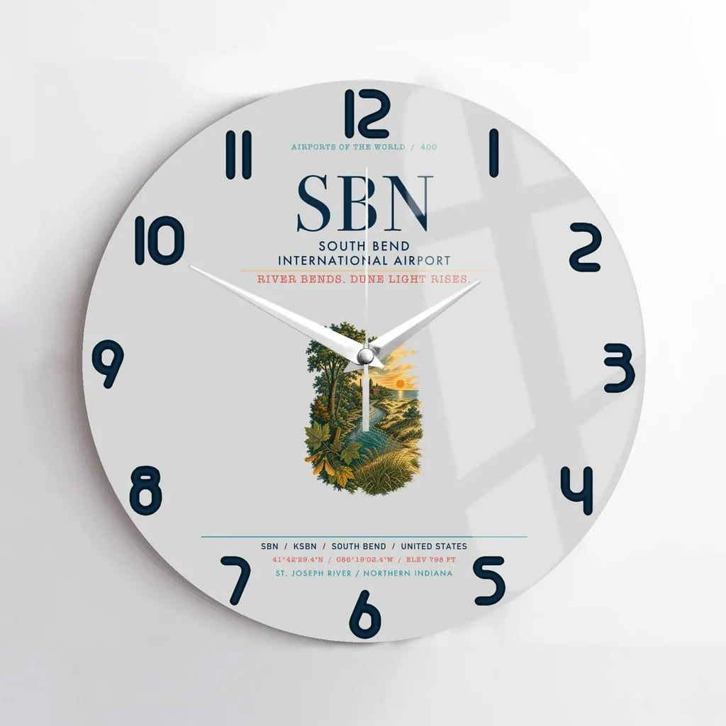 South Bend International Airport (SBN) design on light gray no frame wall clock