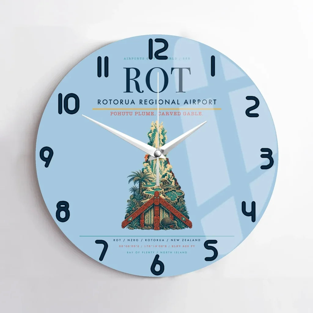 Rotorua Regional Airport (ROT) design on light blue no frame wall clock