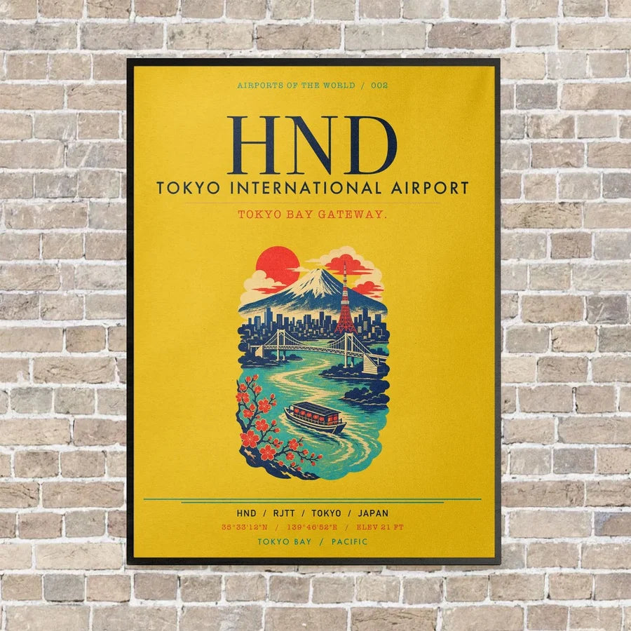 Tokyo Haneda Airport HND vertical canvas print - framed - yellow background