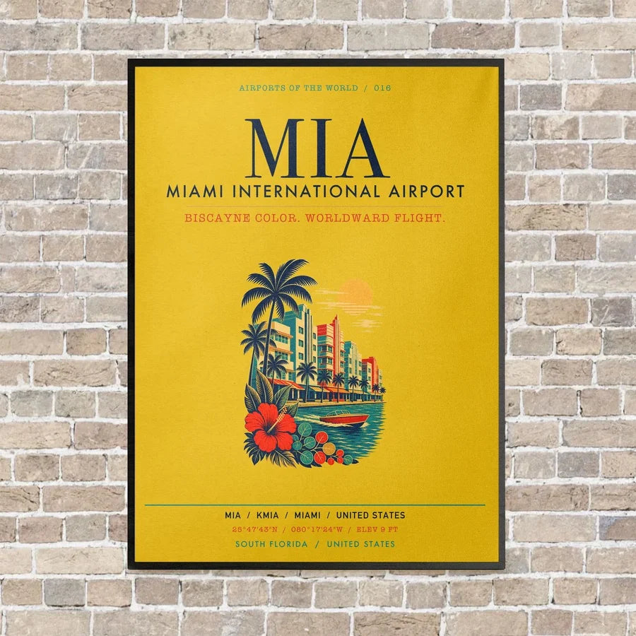 Miami International Airport MIA vertical canvas print - framed - yellow background