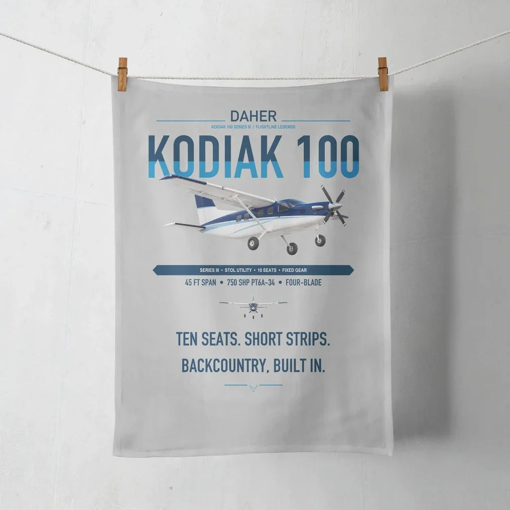 Daher Kodiak 100 Series III design on light gray towel