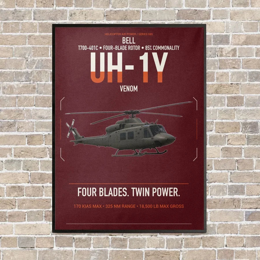 Bell UH-1Y Venom vertical canvas print - framed - dark red background