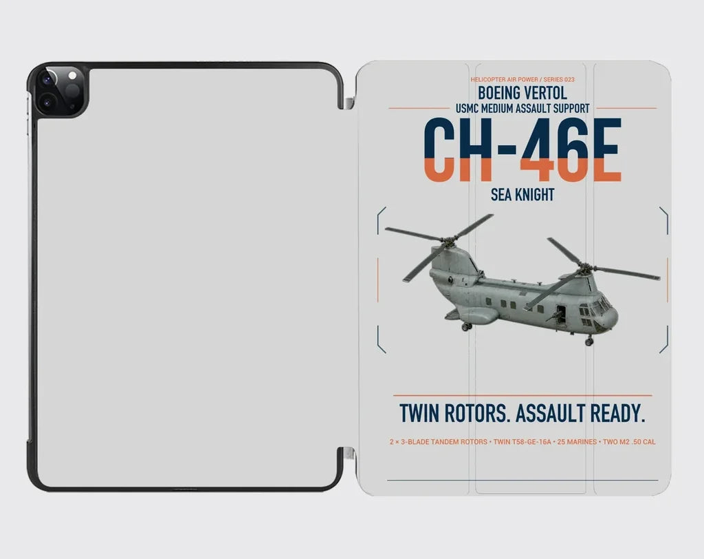 Boeing Vertol CH-46E Sea Knight design on light gray ipad tablet case