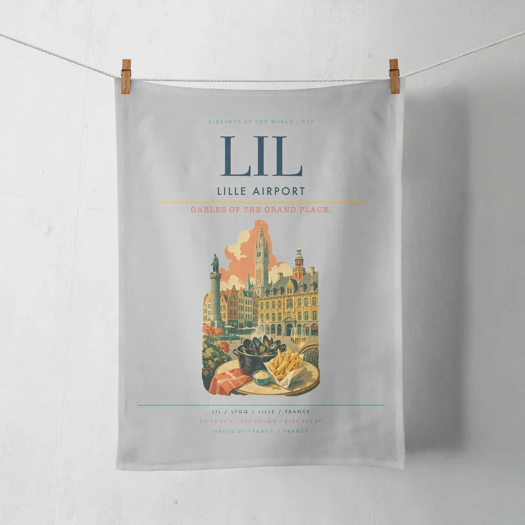 Lille Airport (LIL) design on light gray towel