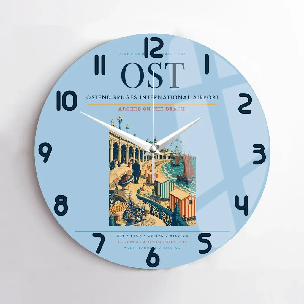Ostend-Bruges International Airport (OST) design on light blue no frame wall clock